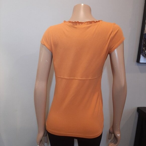 3/$20 LIZ & CO Cap Sleeve Tshirt Ruffled Vneck Shirred Empire Waist Top Pumpkin - Picture 6 of 11